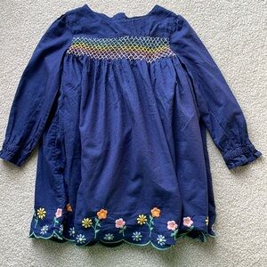 Mini Boden Navy with Rainbow Smock and Flower Detail. Size 3-4.